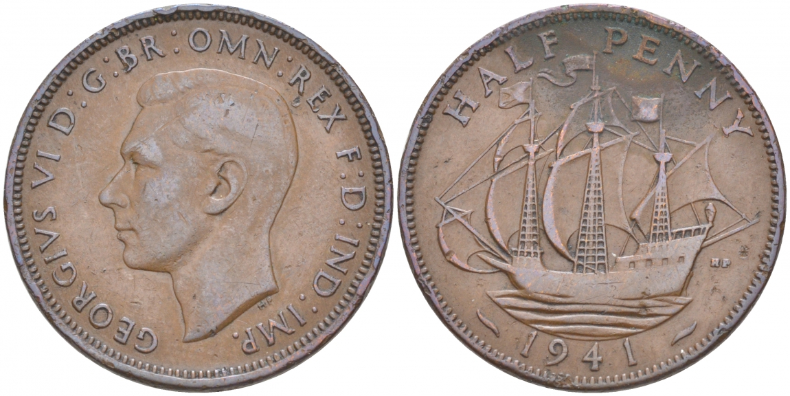 Великобритания 1/2 пенни 1941 Георг VI (1936-1952) KM 844, Spink 4115 бронза 68-124