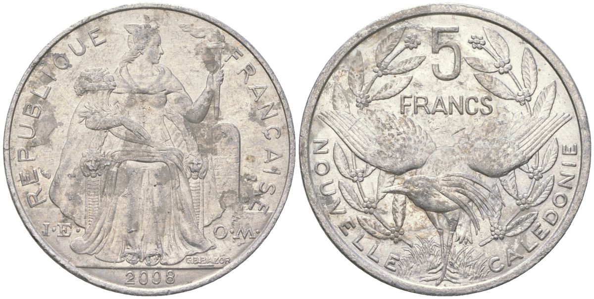 Французская Новая Каледония 5 франков 2008 птица кагу, (IEOM) KM 16, Schoen 12, Lec 81k алюминий 215-923