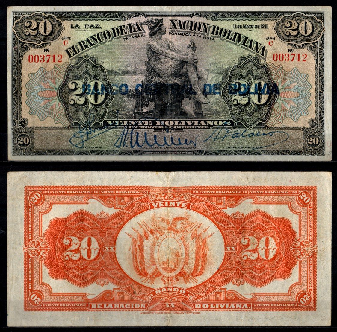 Боливия 20 боливиано 1911 (1929) Pick 115 a (2) бумага 6280-16-3-2
