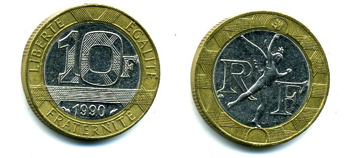 Франция 10 франков 1990 тип Гений Бастилии KM 964.1, Le Frank 375.5 биметалл 37-144
