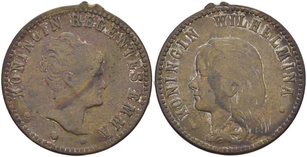 НИДЕРЛАНДЫ МЕДАЛЬ ND КОРОЛЕВА ЭММА, КОРОЛЕВА ВИЛЬГЕЛЬМИНА, ДИАМЕТР 27 ММ., СЛЕДЫ ОТ УШКА ДЛЯ НОСКИ бронза 31-1257