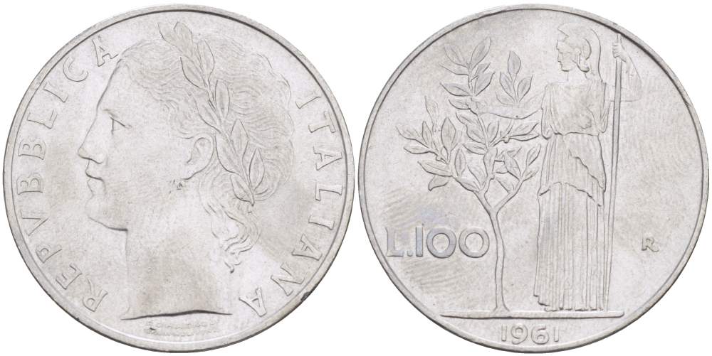 ИТАЛИЯ 100 ЛИР 1961 R, АФИНА, ДИАМЕТР 28 ММ. KM 96.1 нержавеющая сталь 4521-1115