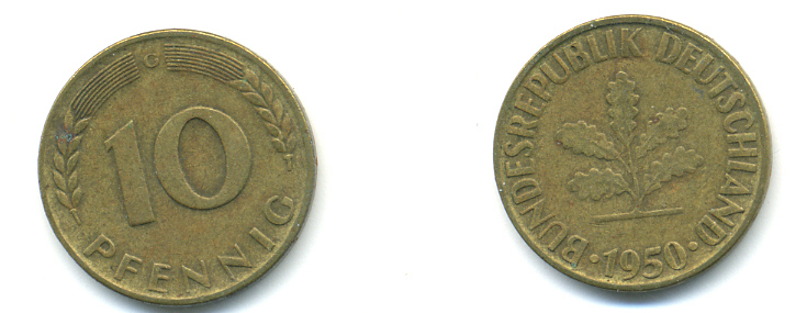 ФРГ 10 ПФЕННИГОВ 1950 G KM 108, J.383 сталь плакированная латунью 83-135