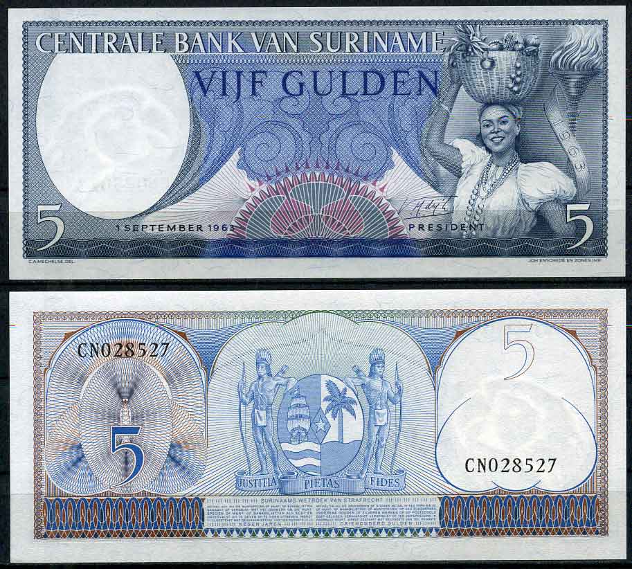Суринам 5 гульденов 1963 женщина с фруктами ​Pick 120 b  бумага  UNC (пресс) 447-31-2