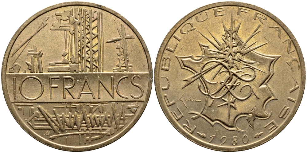 Франция 10 франков 1980 тип Матье KM 940, Le Franc 365.15-16 никель латунь 4389-1124