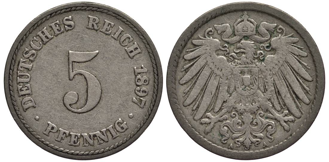 ГЕРМАНИЯ 5 ПФЕННИГОВ 1897 A KM 11, Jager 12, Weege 6 медно-никель 4547-352