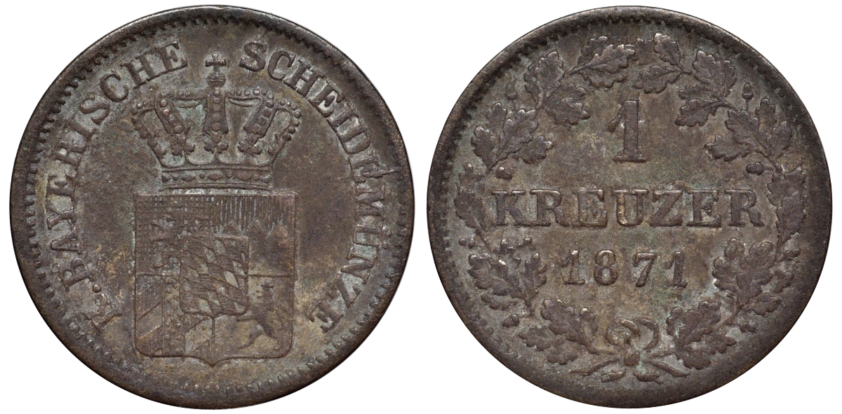 Бавария 1 крейцер 1871 Людвиг II (1864-1886) KM 487 серебро 75-1065