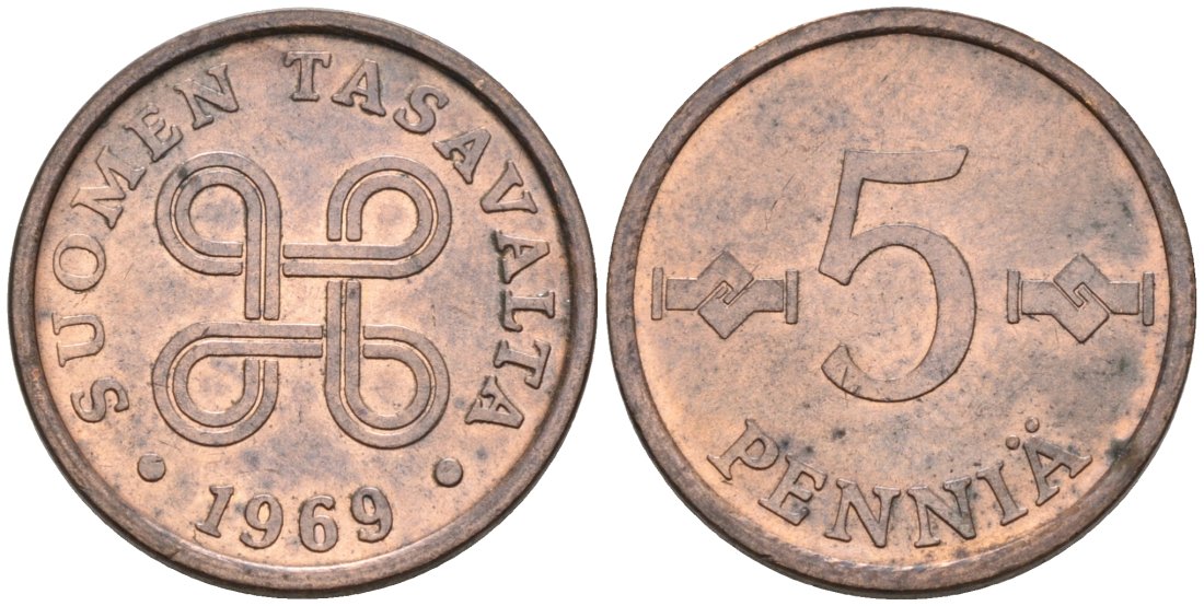 Финляндия 5 пенни 1969 KM 45 медь 4564-865