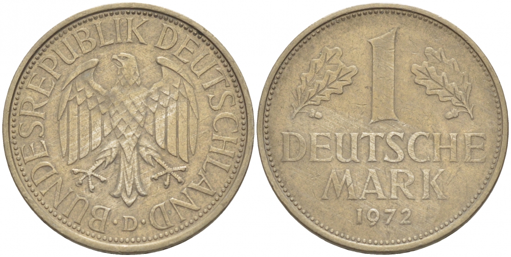 ФРГ 1 МАРКА 1972 D KM 110, J. 385 медно-никель 3996-727