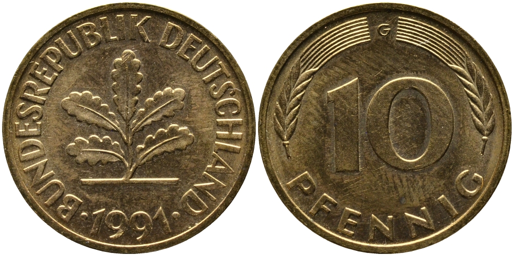 ФРГ 10 ПФЕННИГОВ 1991 G KM 108, J.383 сталь плакированная латунью 33-154