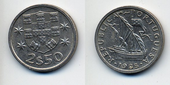 ПОРТУГАЛИЯ 2,5 ЭСКУДО 1985 ПАРУСНИК KM 590 медно-никель 29-535