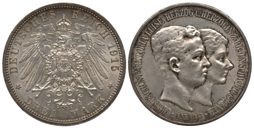 Брауншвейг-Люнебург 3 марки 1915 А, свадьба Эрнста Августа и Виктории Луизы Weege 56, J. 57, KM 1162 серебро 00-806-33