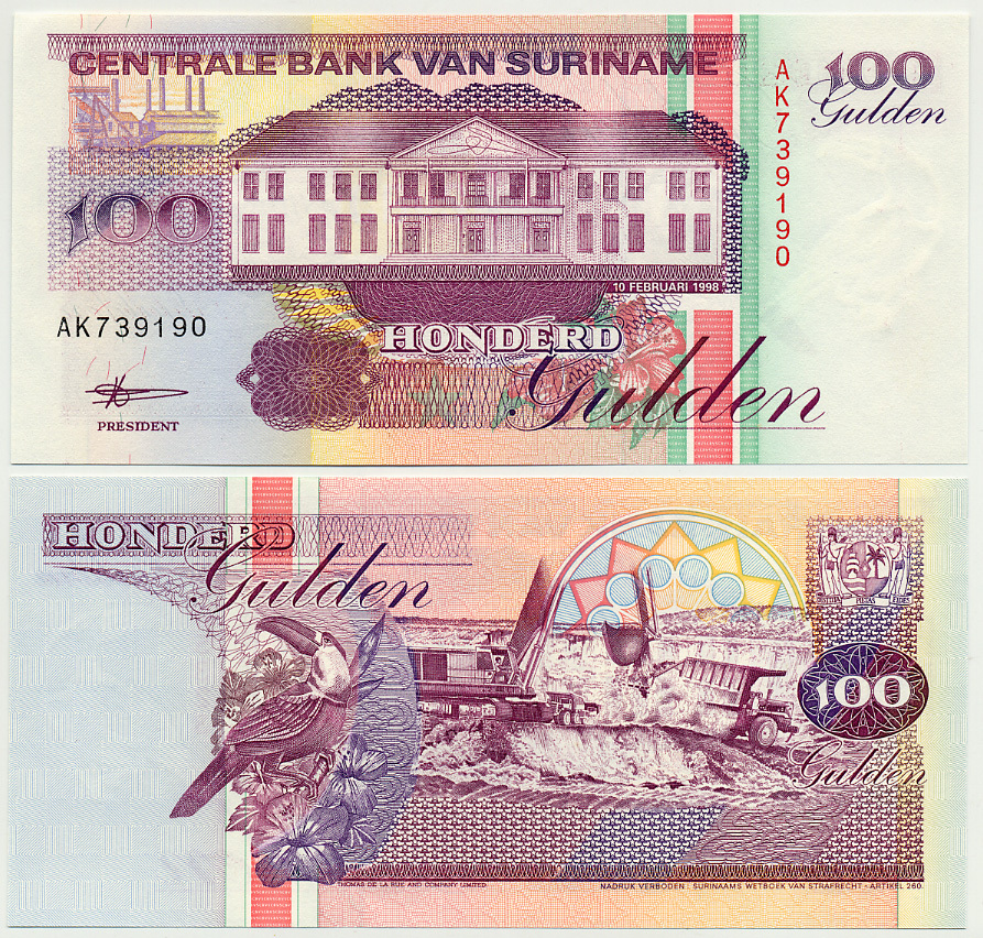 Суринам 100 гульденов 1998 здание Центрального банка, тукан, экскаватор, самосвал Pick 139b бумага UNC (пресс) 7485-46-3