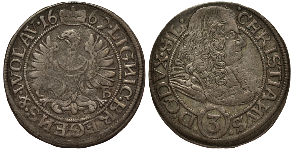Силезия-Легница-Бжег 3 крейцера 1669 СВ, Кристиан (1639-1673), вес 1,66 гр. Fr.u.S. 1931 серебро 1516-812