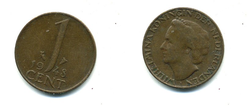 НИДЕРЛАНДЫ 1 ЦЕНТ 1948 ВИЛЬГЕЛЬМИНА KM 180 бронза 76-245