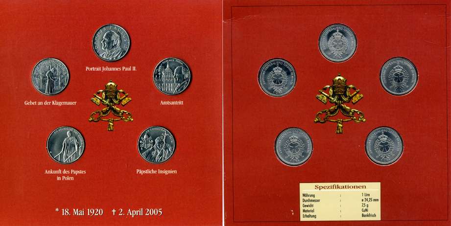 Мальтийский Орден набор из 5 монет по 1 лире 2005 на смерть папы Иоанна Павла II (18 мая 1920 - 2 апреля 2005), в картонном буклете медно-никель UNC 5-4-3-12