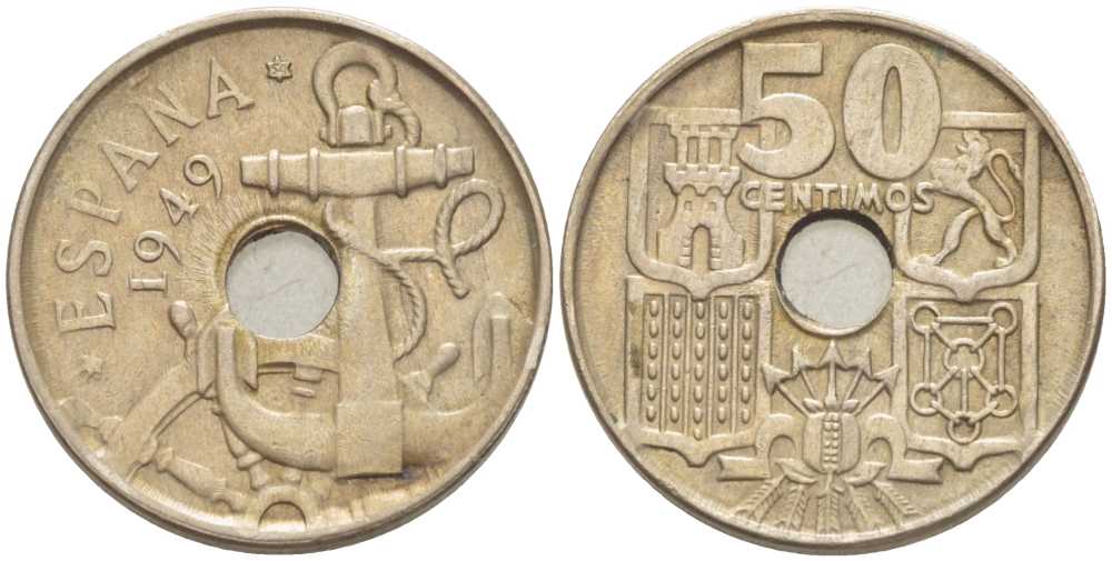 Испания 50 сентимо 1949 (54) Франсиско Франко (1939-1975), морская атрибутика KM 777 медно-никель 212-926