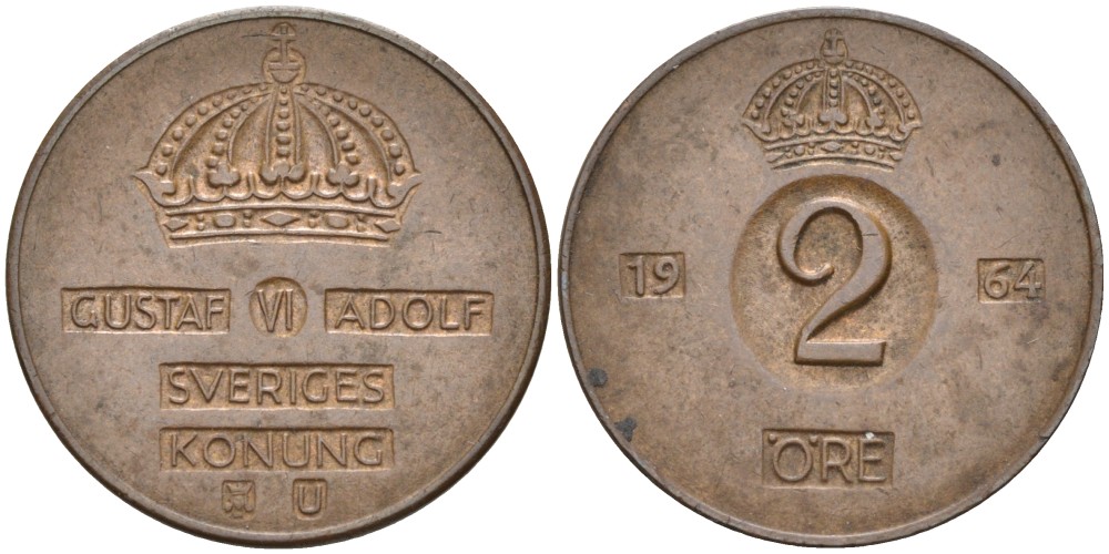 Швеция 2 эре 1964 U, Густав VI Адольф (1950-1973) KM 821 бронза 4364-714