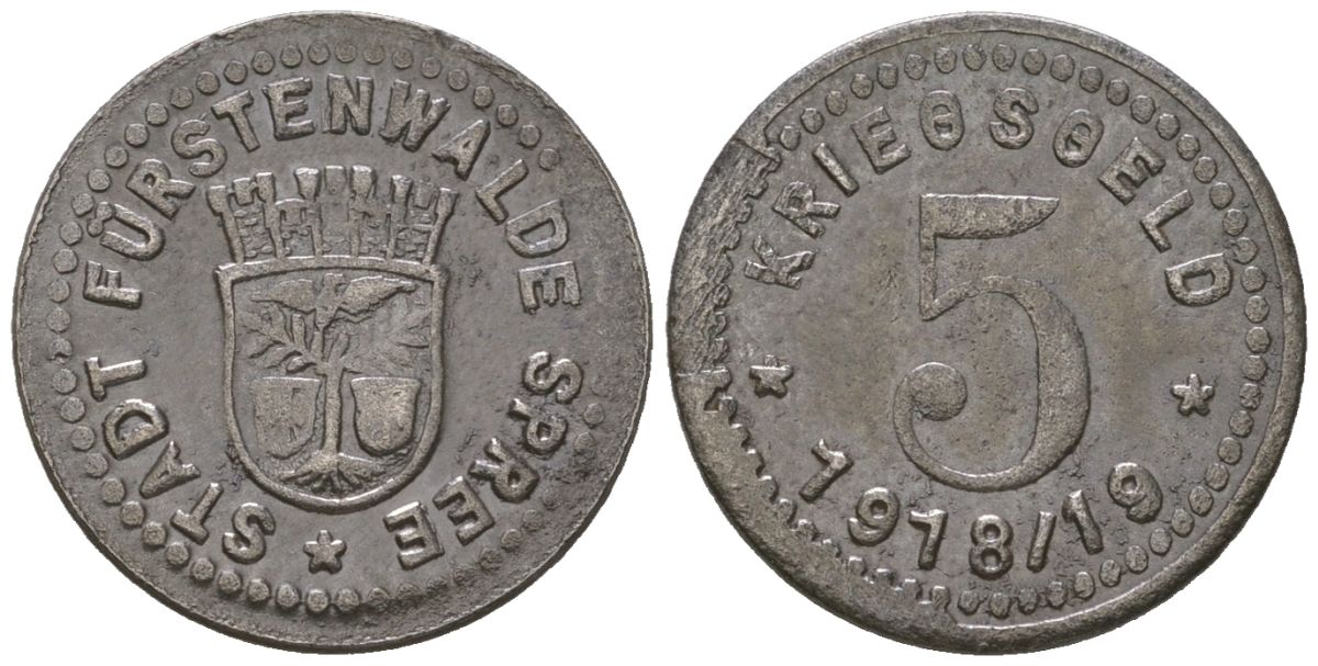 Фюрстенвальде (Пруссия, Бранденбург) 5 пфенингов 1918/19 Funck 144.1, Men05 8419.1, Men18 10493.1 железо 4596-146