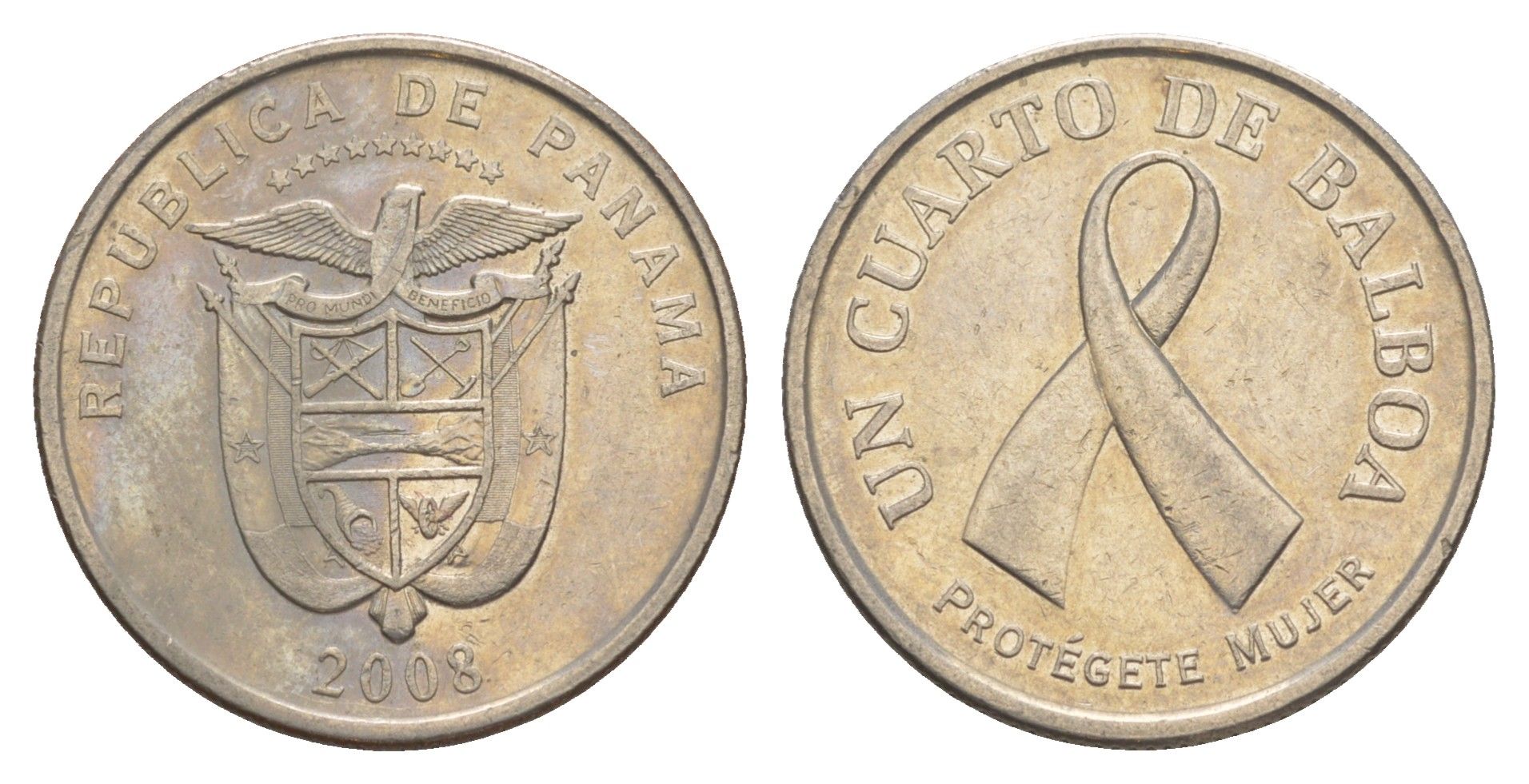 Панама 1/4 бальбоа (25 сентесимо) 2008 Рак молочной железы KM 137 медь плакированная медно-никелем 4646-311