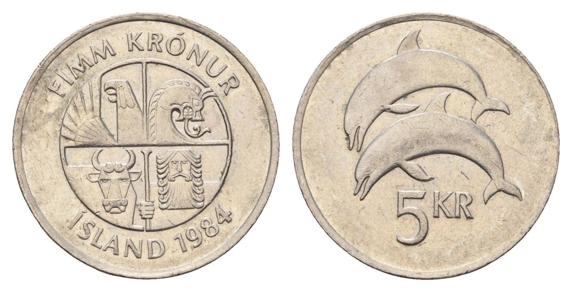Исландия 5 крон 1984 дельфины KM 28 медно-никель 4591-926