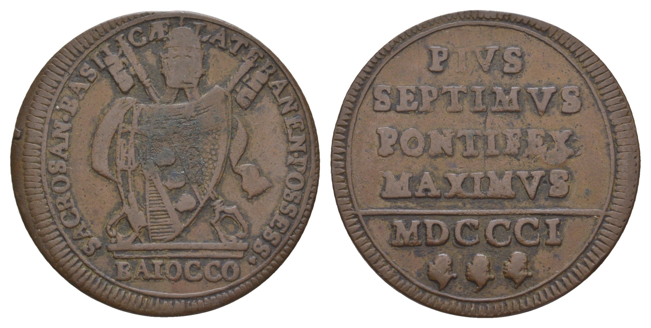 Папская область 1 байокко 1801 Пий VII (1800-1823) KM 1263 медь 5010-1532
