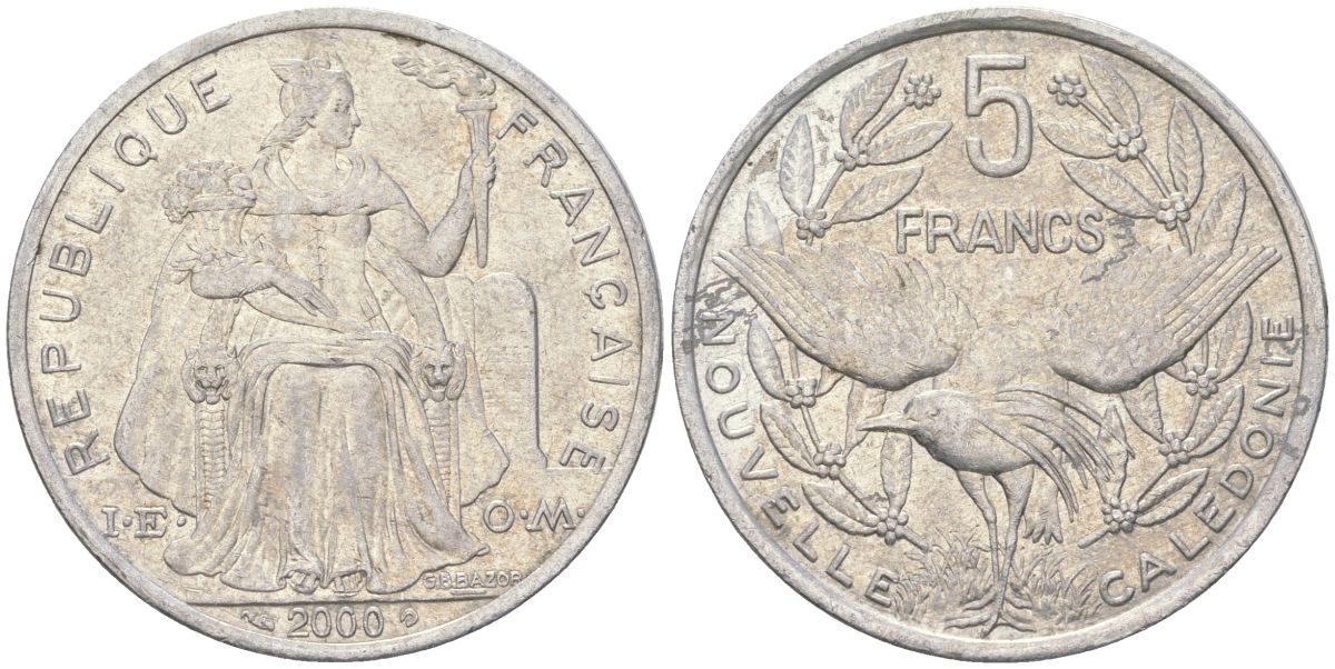 Французская Новая Каледония 5 франков 2000 птица кагу, (IEOM) KM 16, Schoen 12, Lec 81e алюминий 189-234