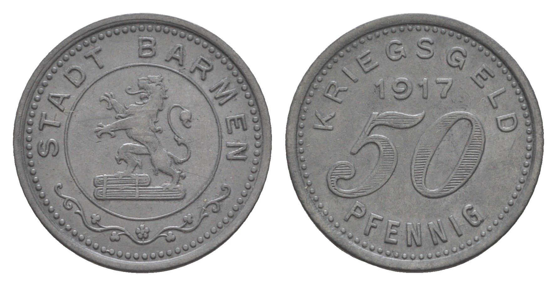 Бармен 50 пфеннигов 1917 Funck 30.2, Men05 1453.2, Men18 1851.2 цинк 4636-1112