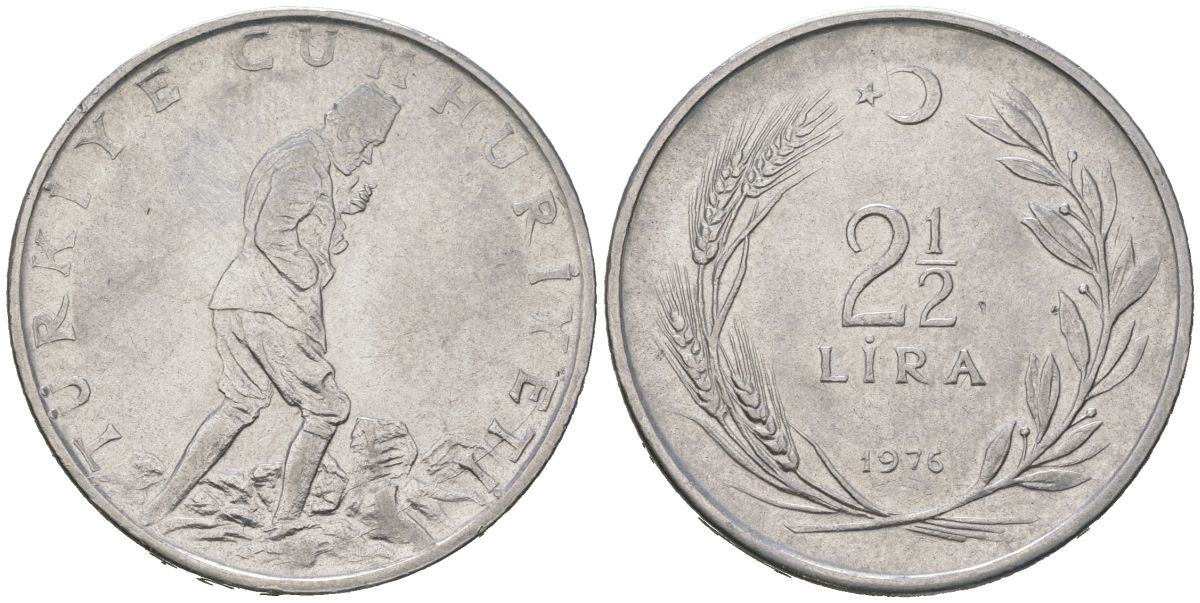 Турция 2 1/2 лиры 1976 KM 893.2 нержавеющая сталь 4599-1141