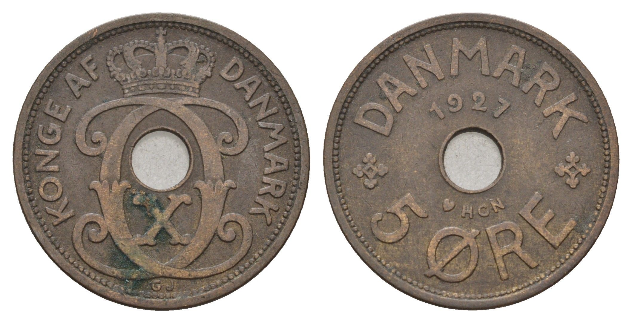 Дания 5 эре 1927 NCH, Кристиан X (1912-1947) KM 828 бронза 4700-751