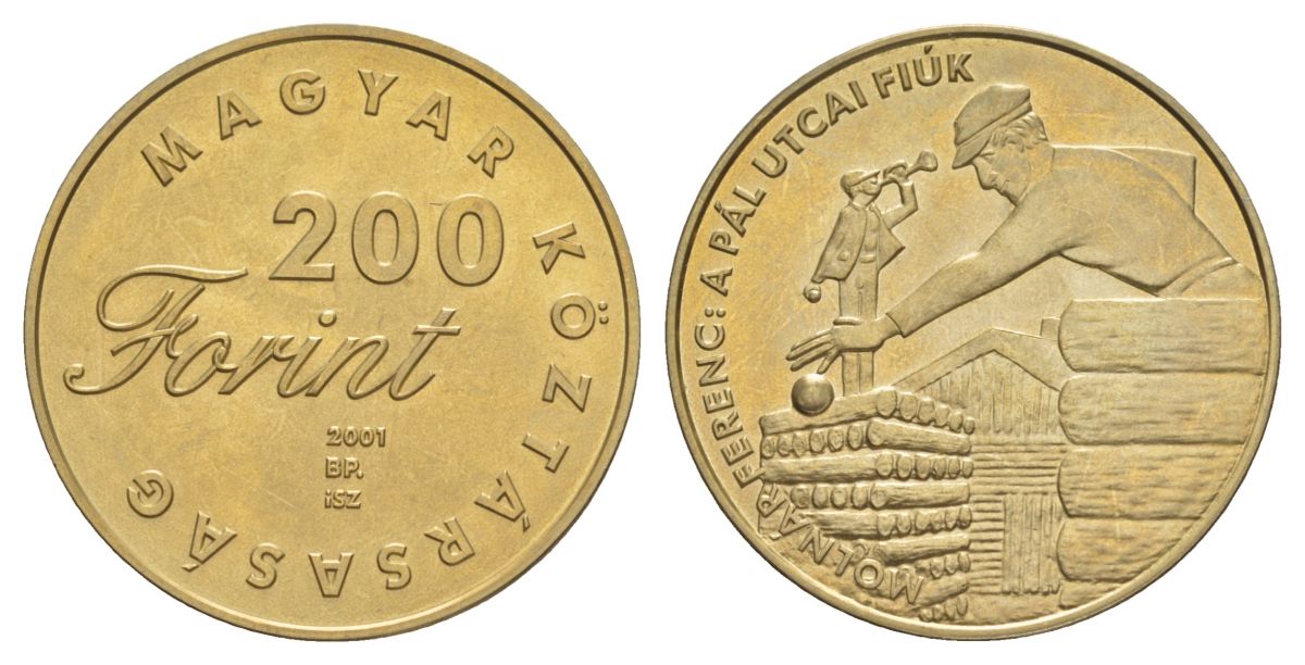 Венгрия 200 форинтов 2001 Детская литература - Мальчик с улицы Пал KM 757 латунь BU 4599-1232