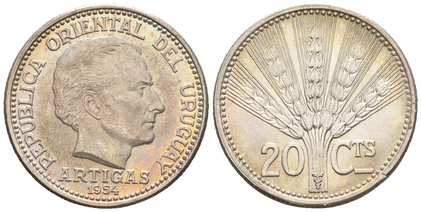 Уругвай 20 сентесимо 1954 Хосе Хервасио Артигас KM 36 серебро UNC 4609-632