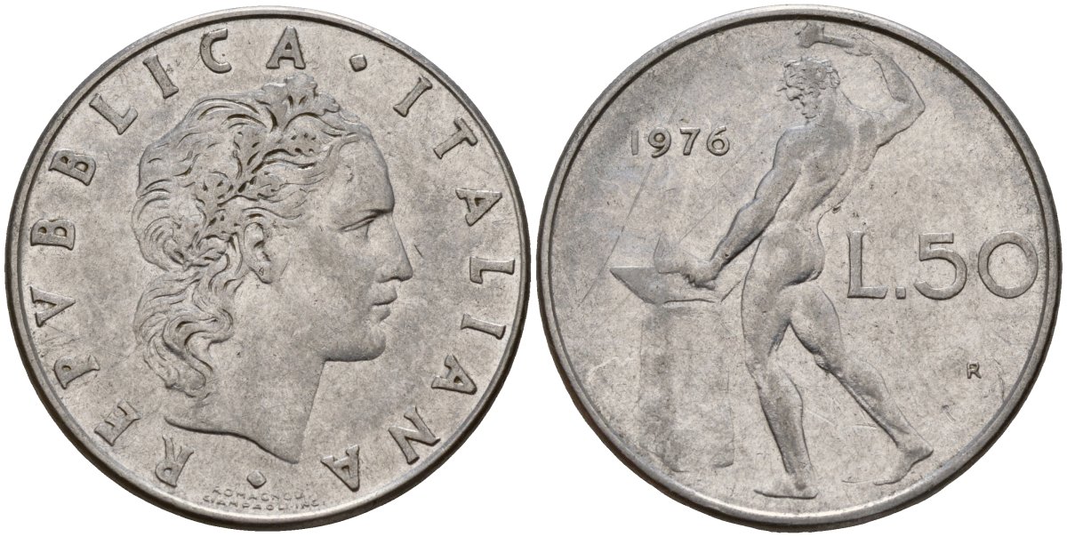 Италия 50 лир 1976 R, бог Вулкан у наковальни KM 95.1 нержавеющая сталь 4156-734