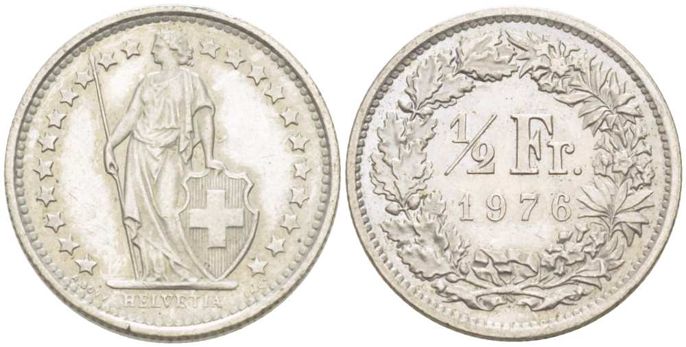 ШВЕЙЦАРИЯ 1/2 ФРАНКА 1976 KM 23а.1 медно-никель 217-1134