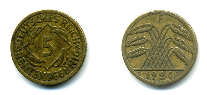 ГЕРМАНИЯ 5 РЕНТПФЕННИГОВ 1924 F J. 308, KM 32 алюминиевая бронза 46-2047
