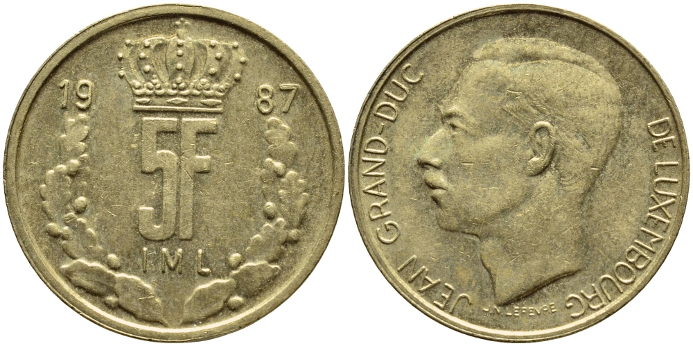 ЛЮКСЕМБУРГ 5 ФРАНКОВ 1987 БОЛЬШАЯ КОРОНА KM 60.2 латунь 4397-513