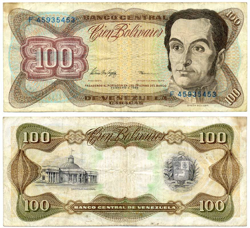 ВЕНЕСУЭЛА 100 БОЛИВАРОВ 1998 Pick 66f бумага 8592-17-4-1