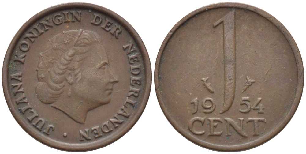 Нидерланды 1 цент 1954 Юлиана (1949-1980) KM 180 бронза 206-739