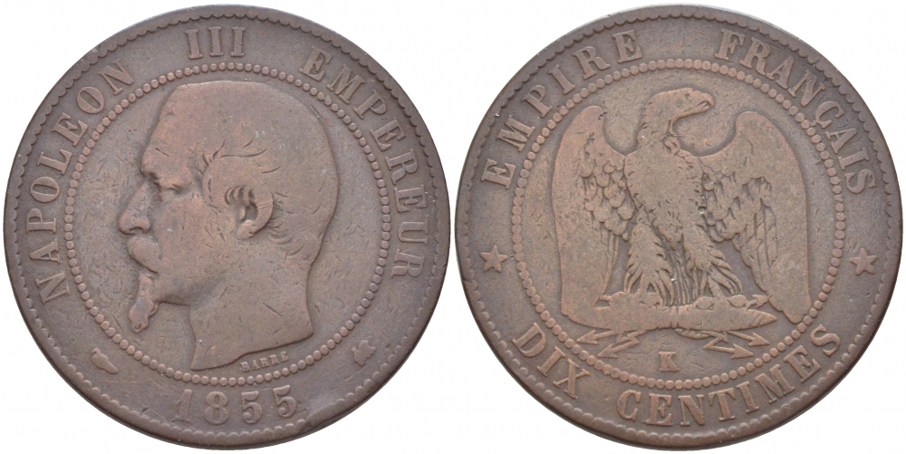 ФРАНЦИЯ 10 САНТИМОВ 1855 K, НАПОЛЕОН III (1852-1870) KM 771.5, LE FRANC 133.26 бронза 114-1232