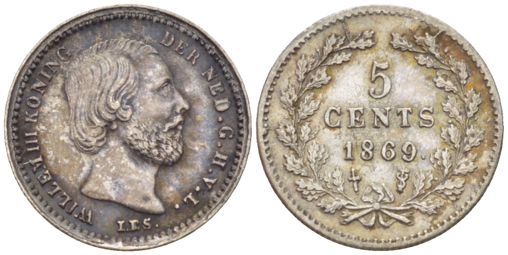 Нидерланды 5 центов 1869 Виллем III (1849-1890) KM 91 серебро     66-1228