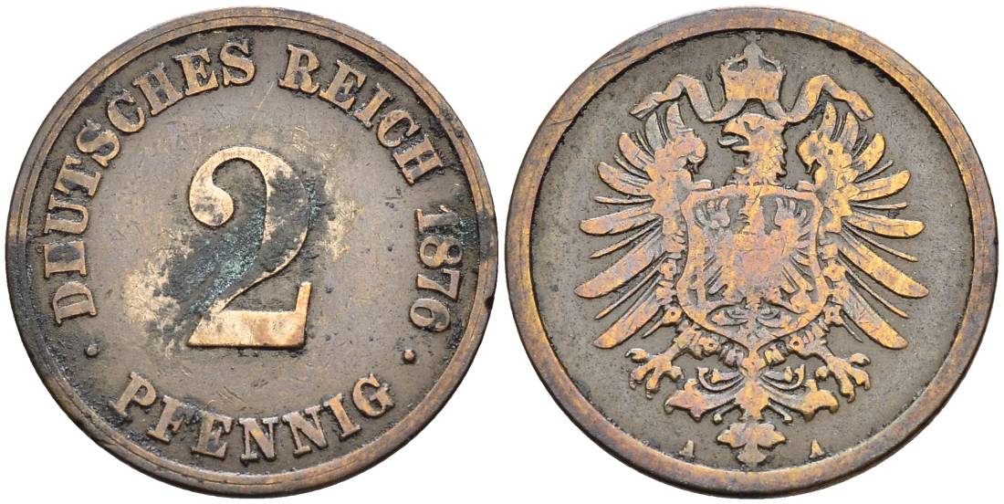 Германия 2 пфеннига 1876 A, старогербовка KM 2, Jager 2, Weege 3 медь 4546-555