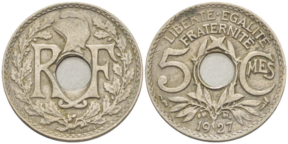 ФРАНЦИЯ 5 САНТИМОВ 1927 KM 875 медно-никель 3309-1037