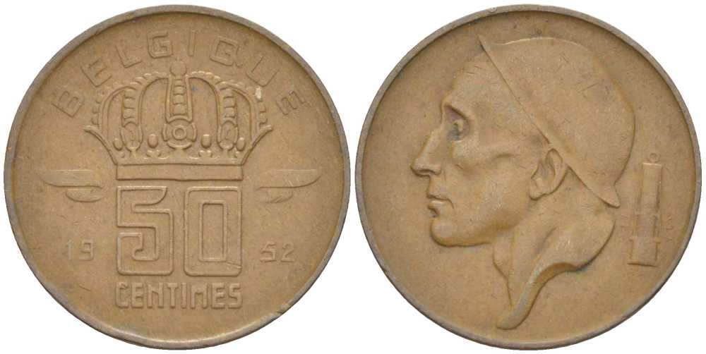 БЕЛЬГИЯ 50 САНТИМОВ 1952 BELGIQUE, БОДУЭН I (1951-1993) KM 144 бронза 214-444