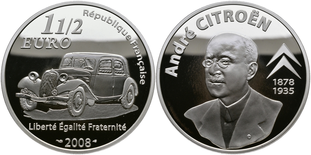 Франция 1 1/2 евро 2008 АНРИ СИТРОЕН, ОСНОВАТЕЛЬ АВТОКОНЦЕРНА, АВТОМОБИЛЬ KM 1555 серебро PROOF 00-00