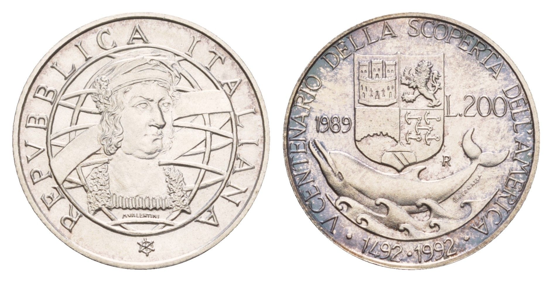 Италия 200 лир 1989 500 лет открытию Америки KM 138 серебро BU 413-6245