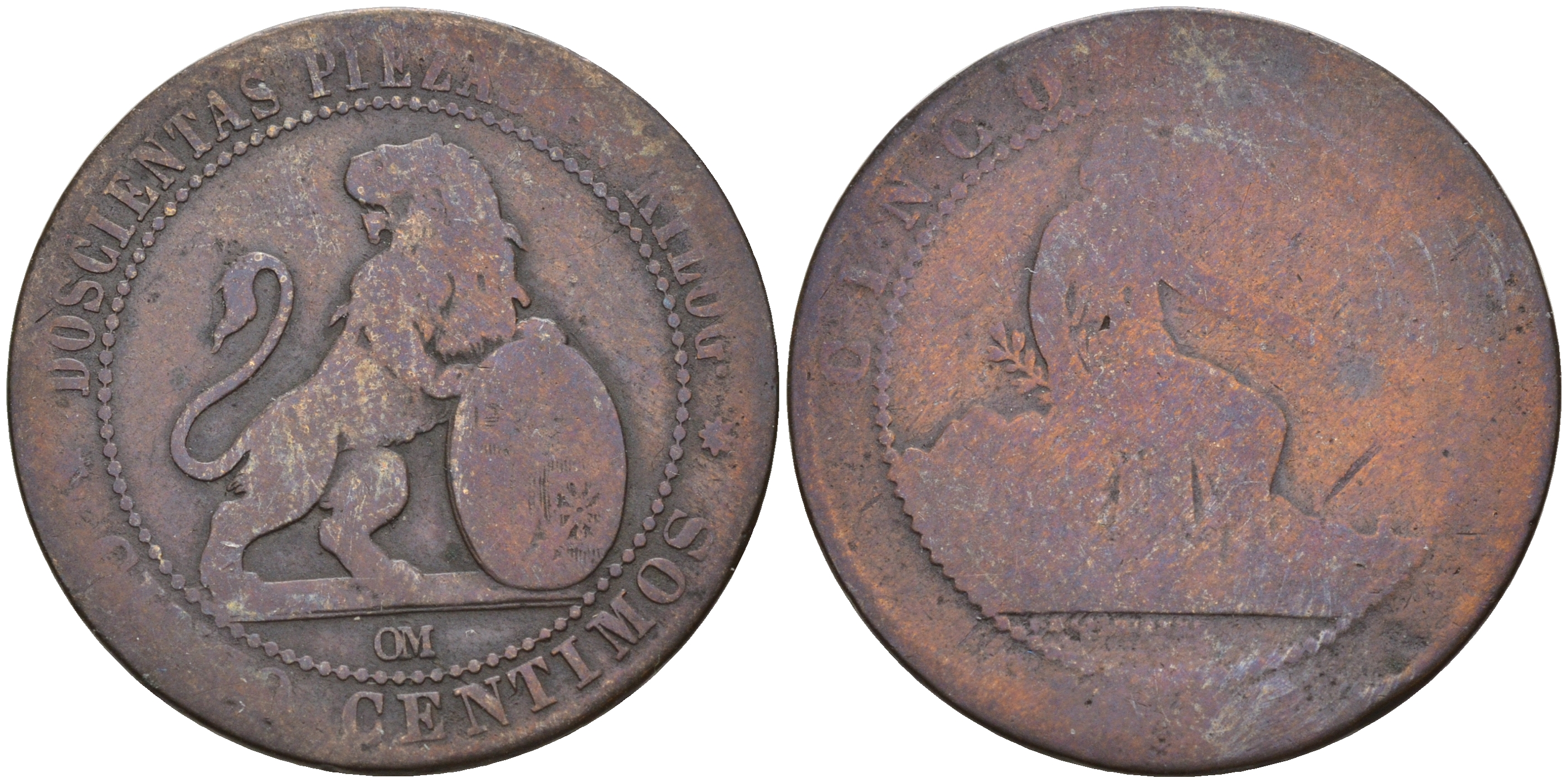 Испания 5 сентимо 1870 ОМ, лев со щитом KM 662 (Y53) медь 4603-316