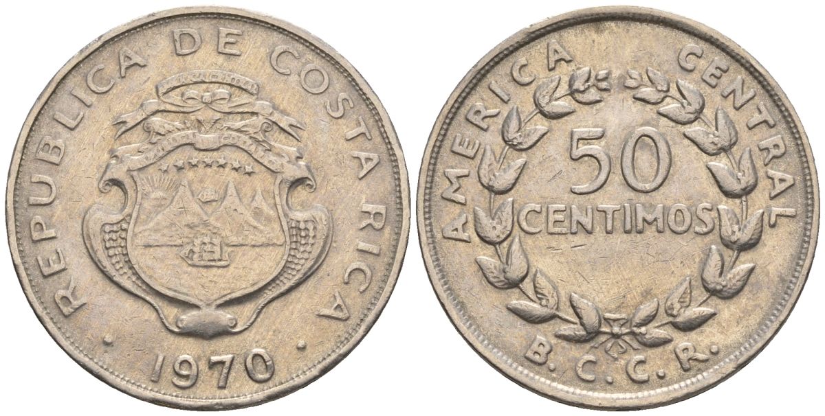 Коста-Рика 50 сентимо 1970 KM 189.3, Schoen 44 медно-никель 4116-1036