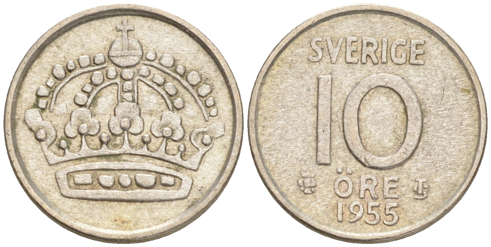 Швеция 10 эре 1955 TS, Густав VI Адольф (1950-1973) KM 823 серебро 4528-633