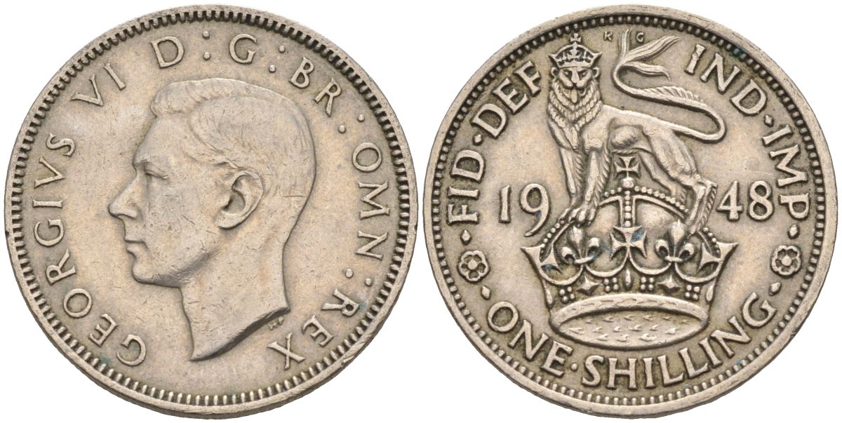 Великобритания 1 шиллинг 1948 Георг VI (1936-1952), Английский герб KM 863, Spink 4103 медно-никель 4126-437