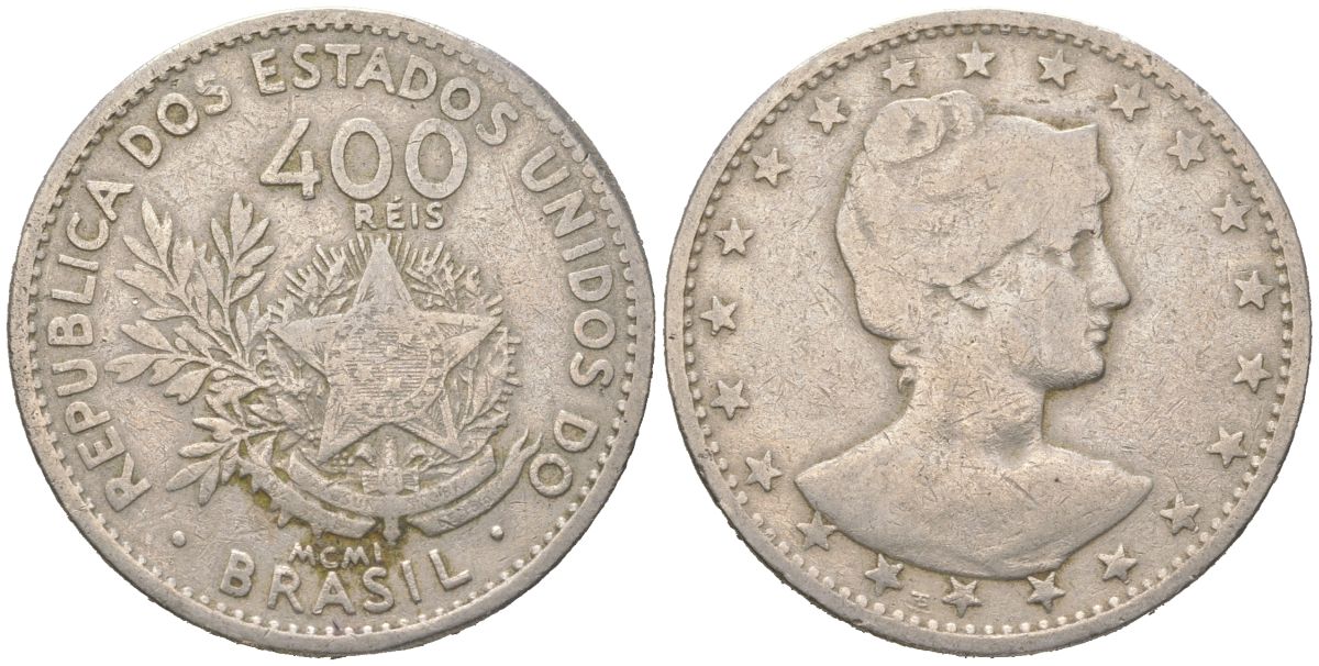 Бразилия 400 реалов 1901 MCMI, голова свободы вправо KM 505 медно-никель 4612-441